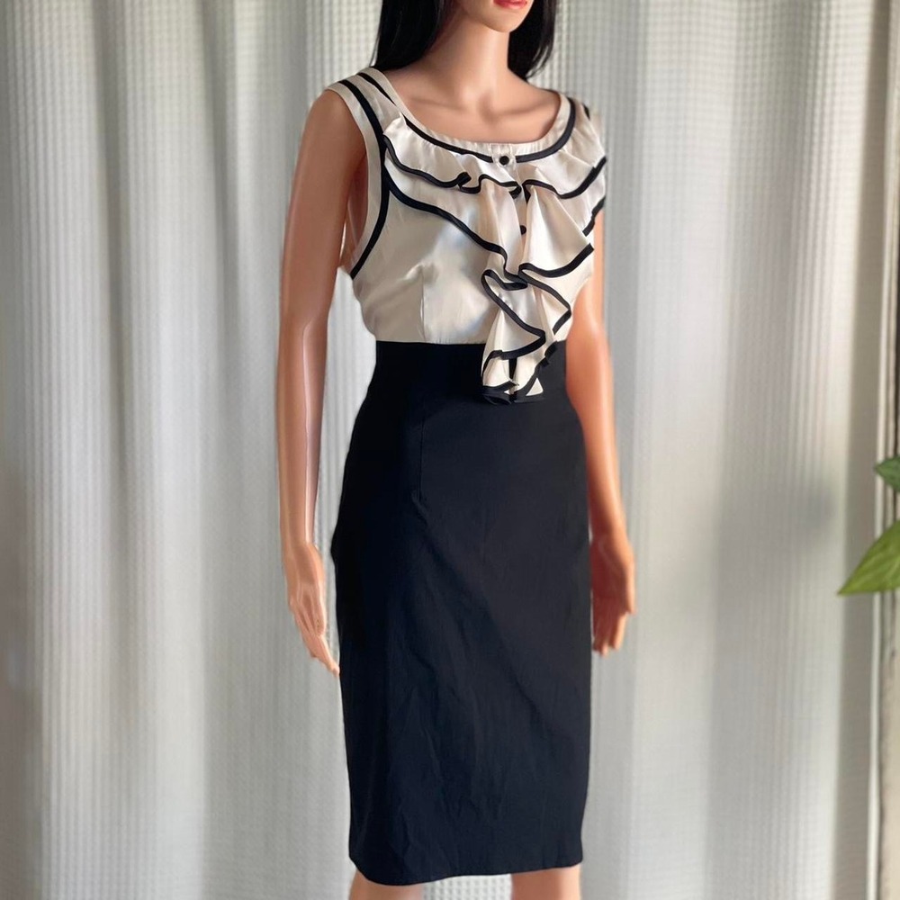 2000s BISOU BISOU Sheath Dress White Black Ruffle Neck Officecore Academia Sz 14